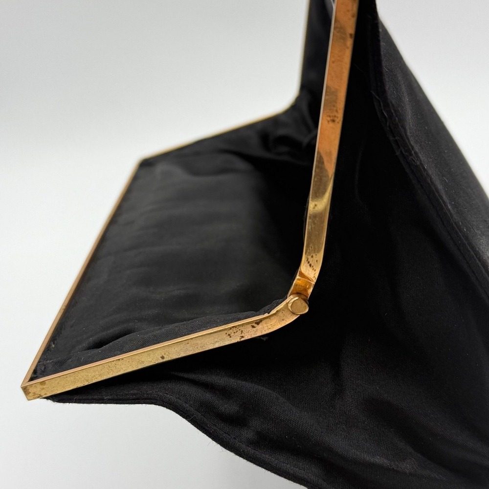 VTG Koret Black Satin Evening Bag Mother of Pearl Enamel Frame Gold Tone Clutch - Picture 6 of 12